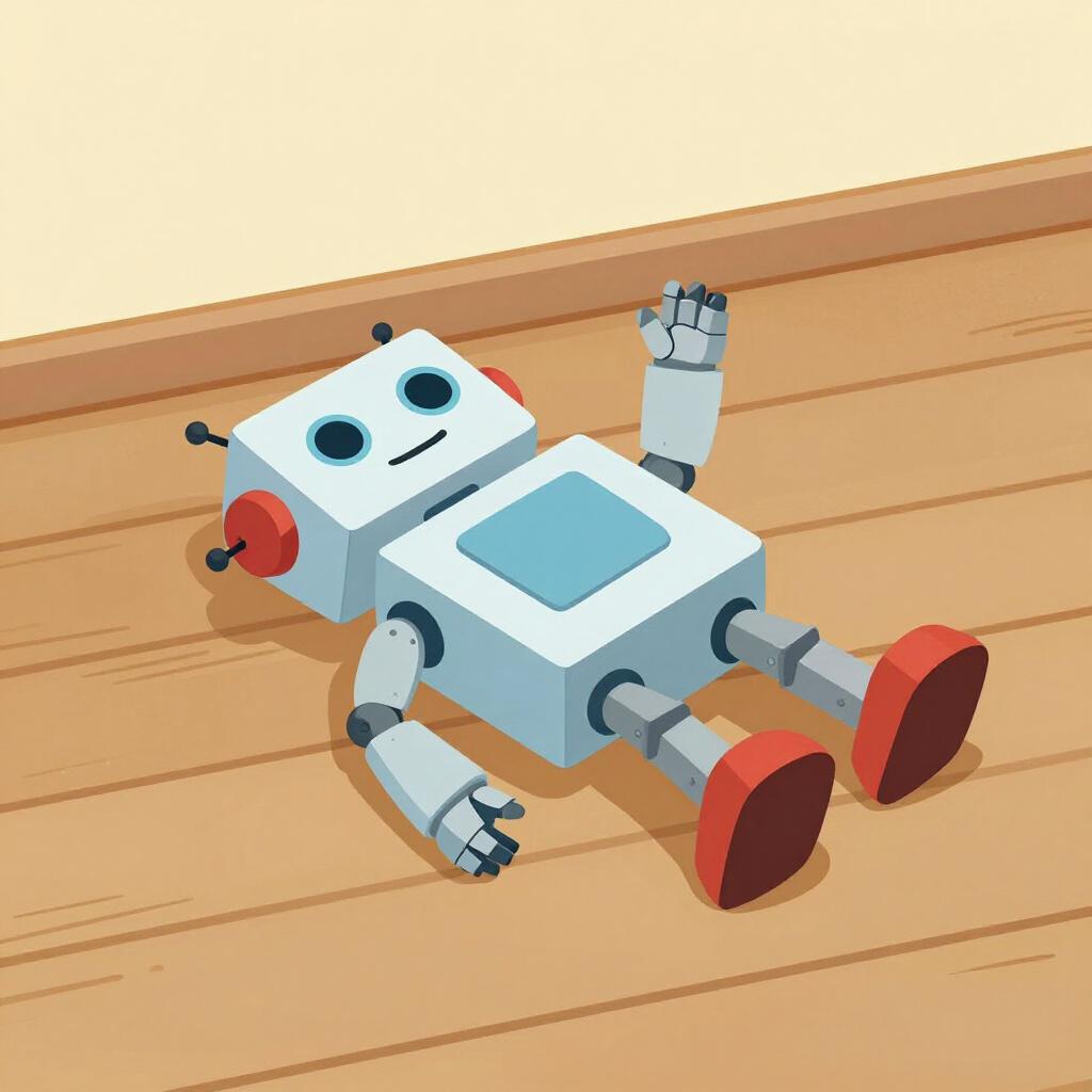 A colorful toy robot lying on the floor with one of its arms broken off.