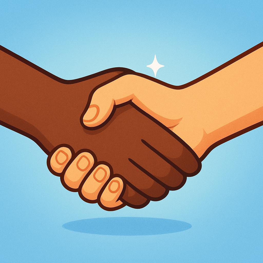 A colorful storybook illustration showing a close-up of two different hands firmly gripping each other in a handshake, symbolizing a guarantee or commitment.