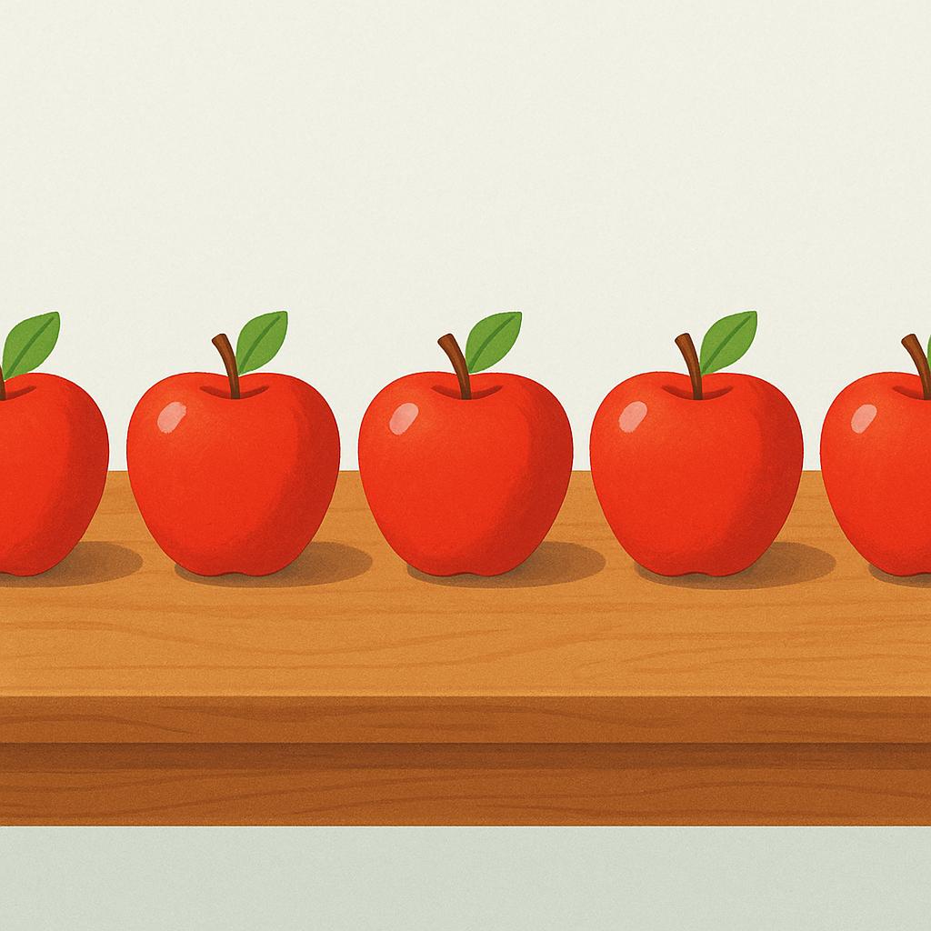 A row of five identical, perfectly shaped red apples sitting neatly on a wooden table, symbolizing uniformity and the expected.
