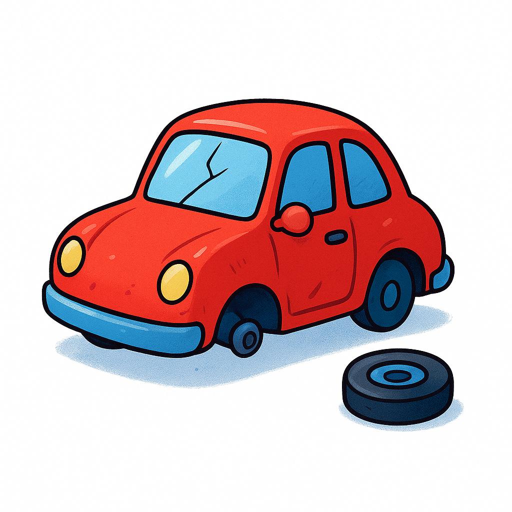 A colorful storybook illustration of a red toy car with a missing wheel and a cracked windshield.