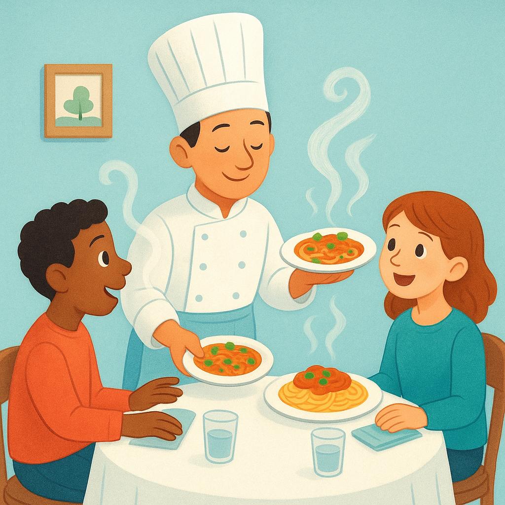 A friendly person wearing a chef's hat is serving plates of food to two smiling people seated at a table, illustrating the act of doing a service for them.