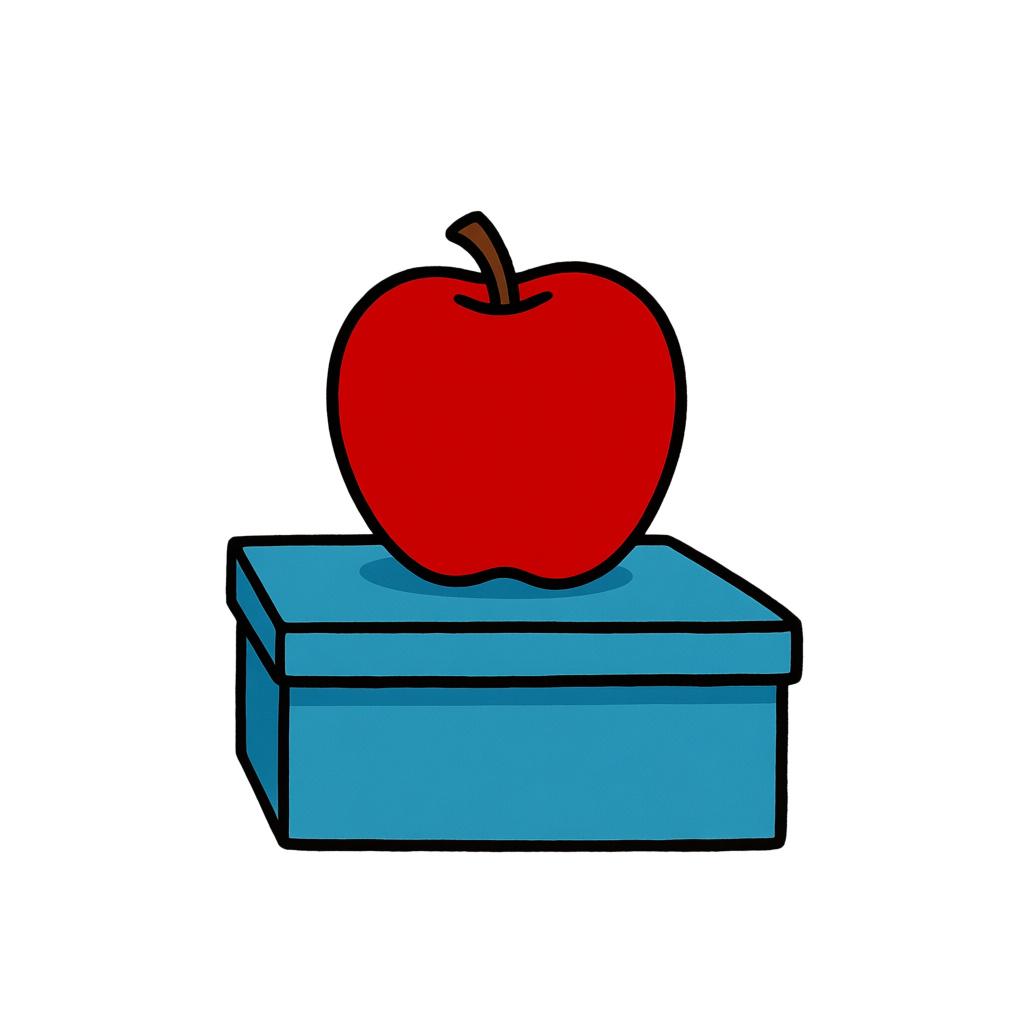 A bright red apple resting directly on top of a simple blue rectangular box, illustrating the concept of 'on top of'.