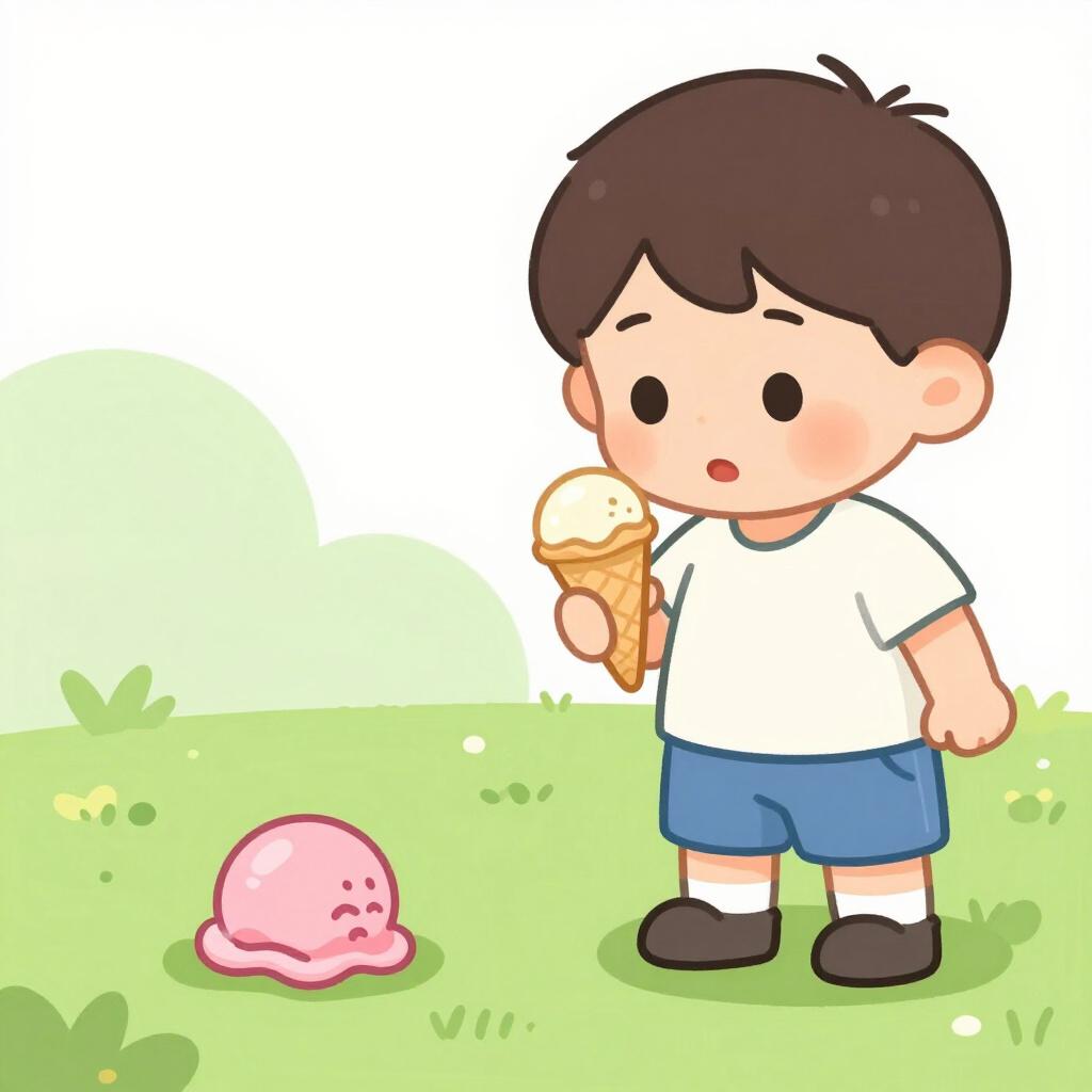 子供が芝生の上にアイスクリームを落としてしまい、驚いた顔をしている様子。