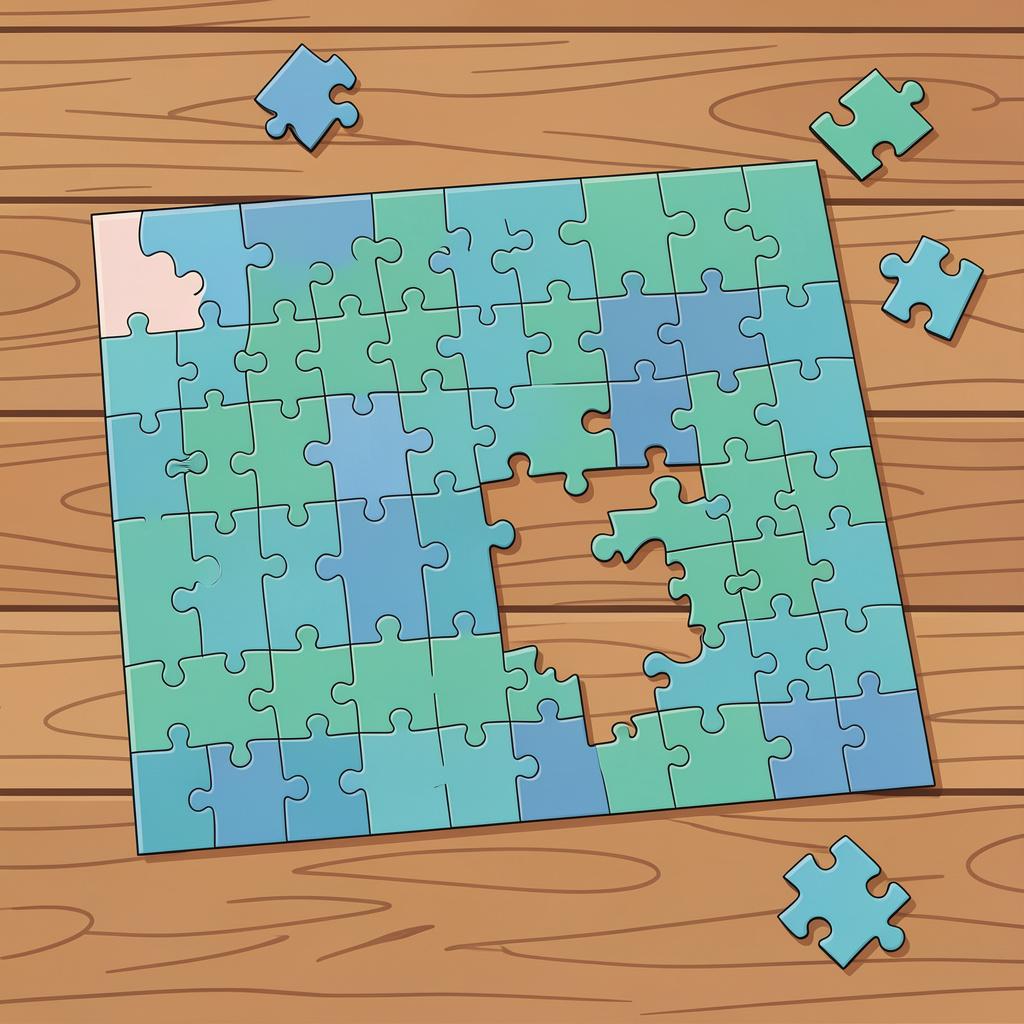 A jigsaw puzzle with several pieces missing in the center.