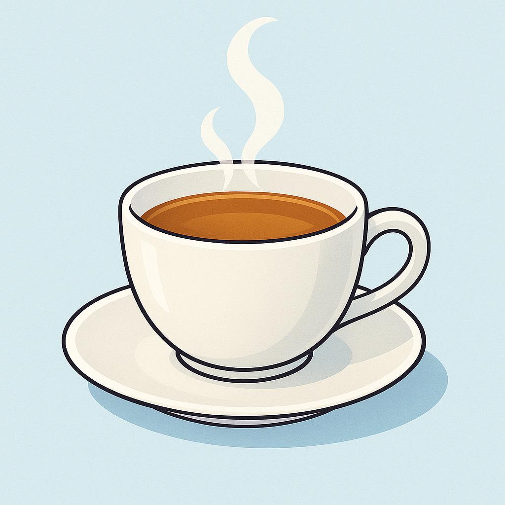 A white ceramic teacup filled with hot brown tea, sitting on a matching saucer, with steam gently rising.