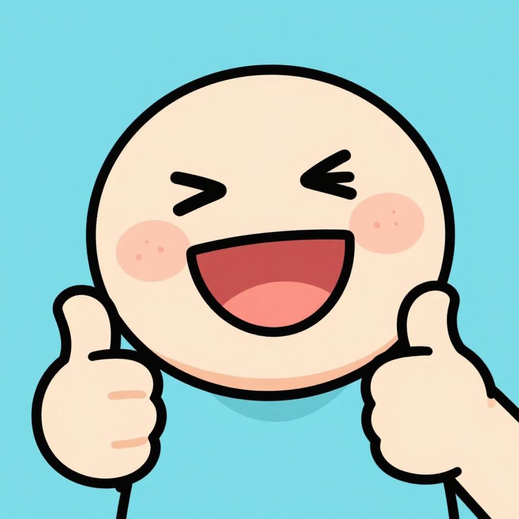 Un personnage de dessin animé joyeux faisant un signe de tête avec un grand sourire et un pouce levé.