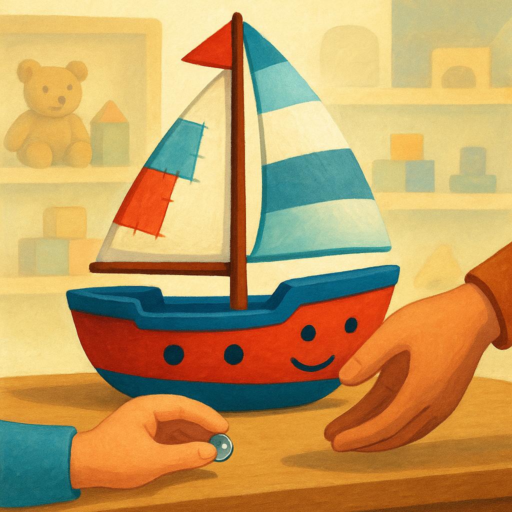 A large toy sailboat next to a single, small button, symbolizing a very low price.