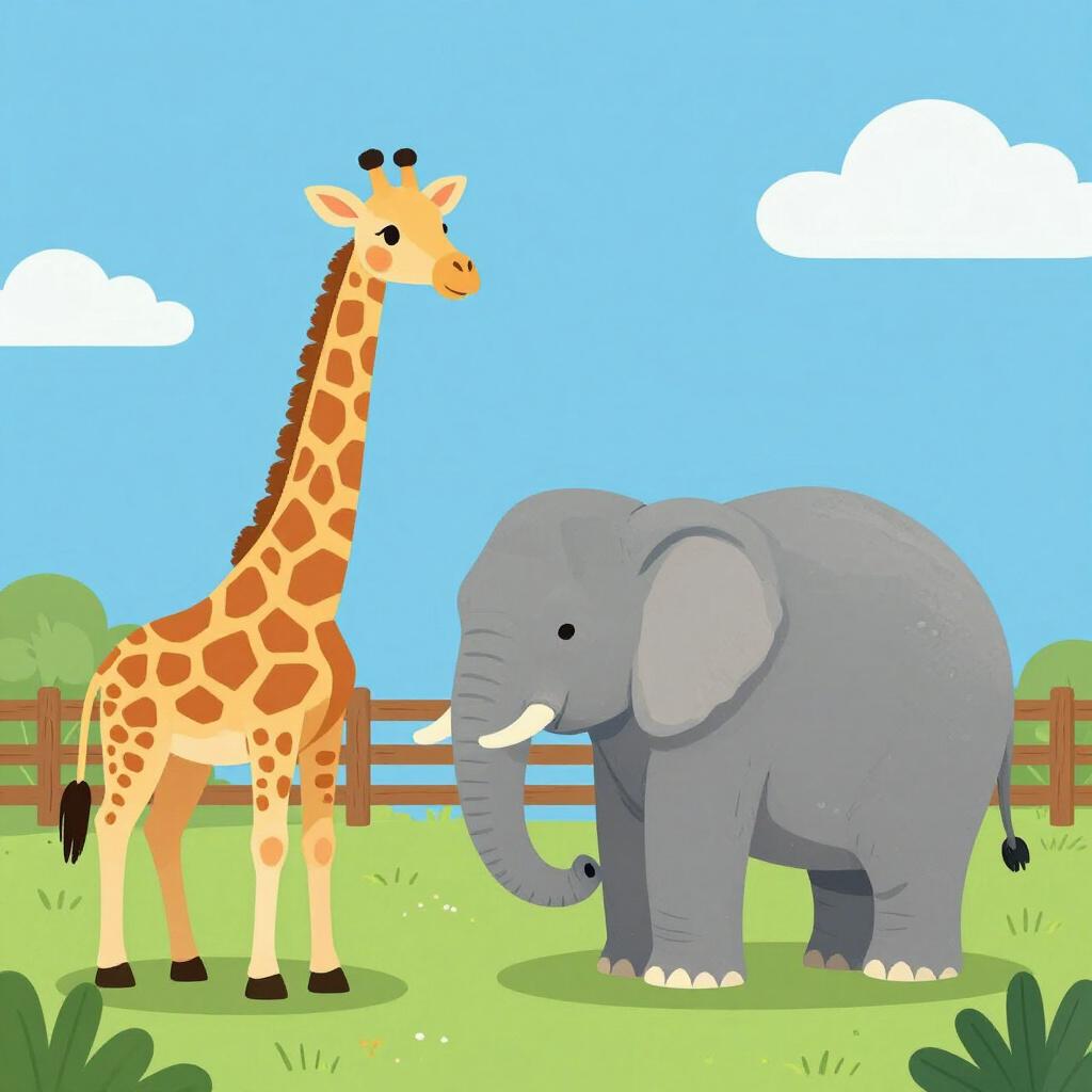 A simple storybook illustration of a giraffe and an elephant behind a wooden fence at a zoo.