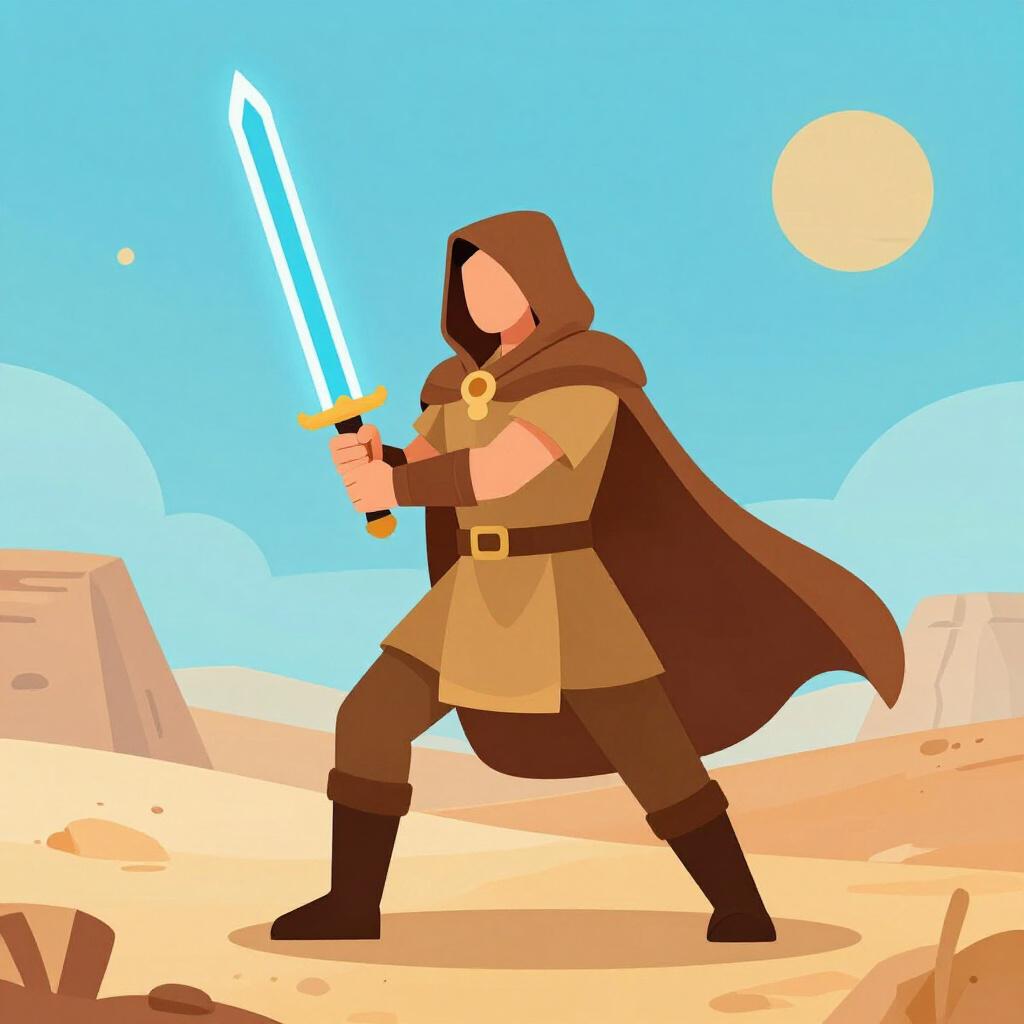 A warrior in simple brown and tan robes holding a glowing blue energy sword.