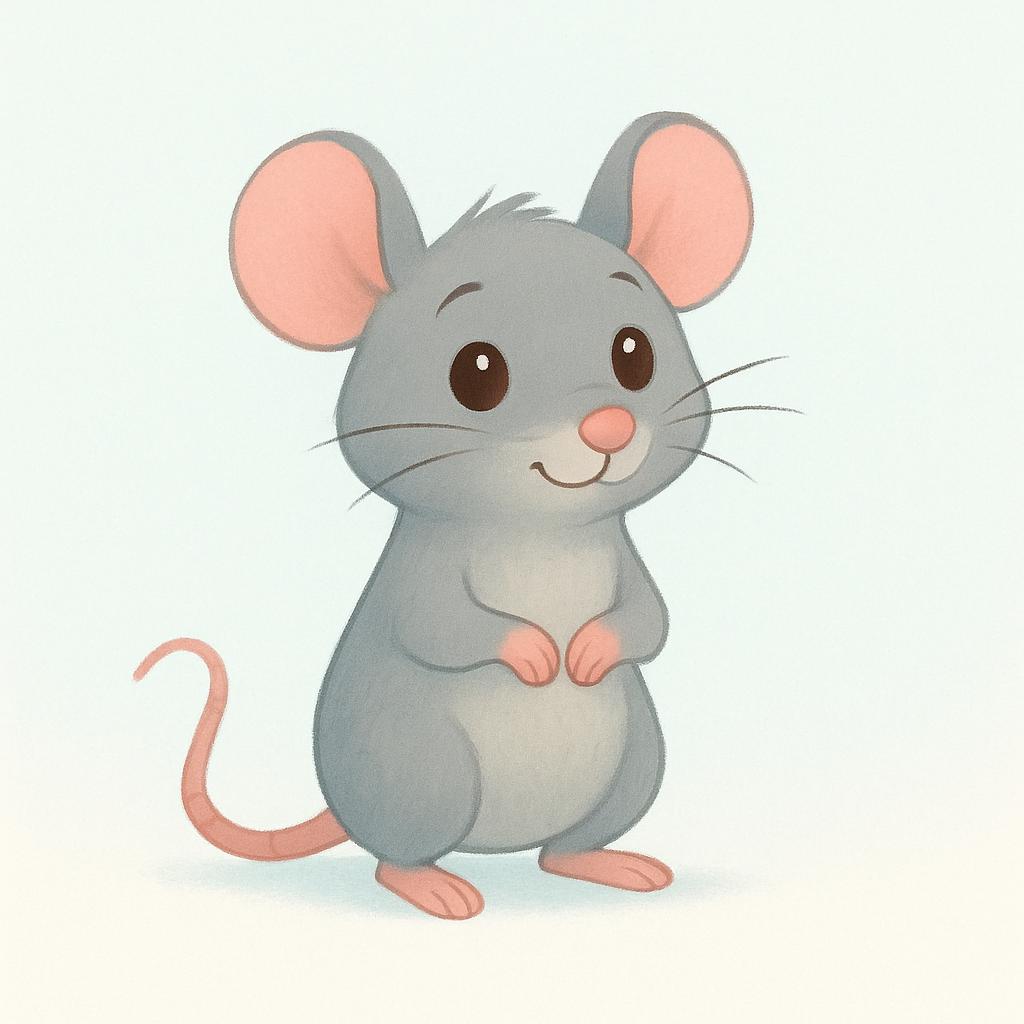 A small gray rat with large ears and a long tail, standing upright on its hind legs.