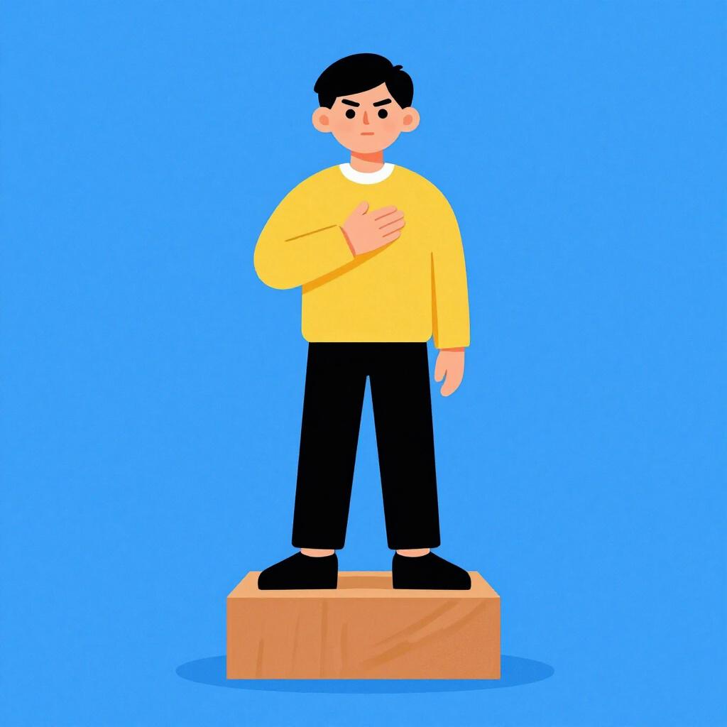 A person standing tall on a podium, nodding confidently while holding their hand over their heart.