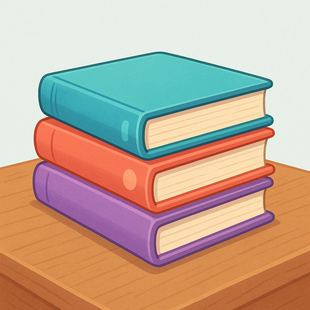 A simple, colorful illustration featuring a neat stack of three closed books with different colored covers.