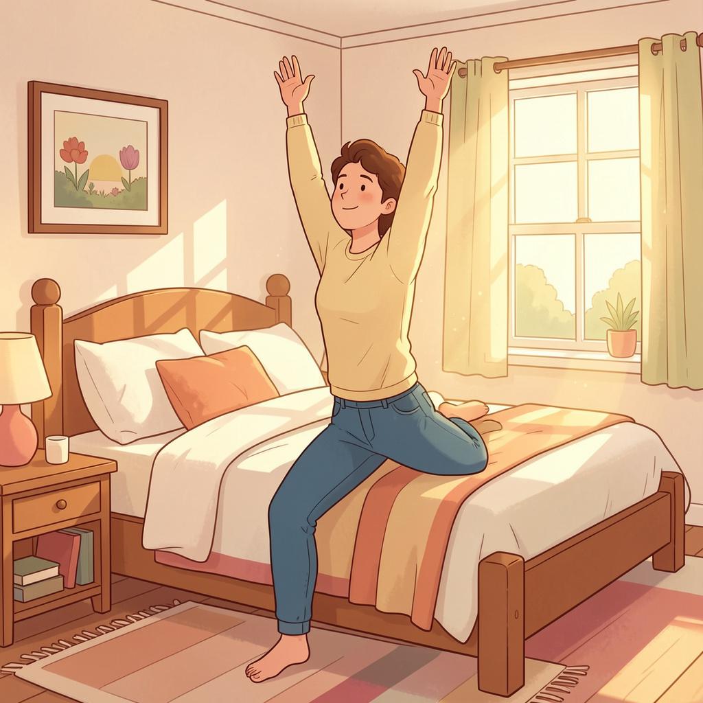 A person sitting up on the edge of a bed, stretching their arms as they prepare to stand up.