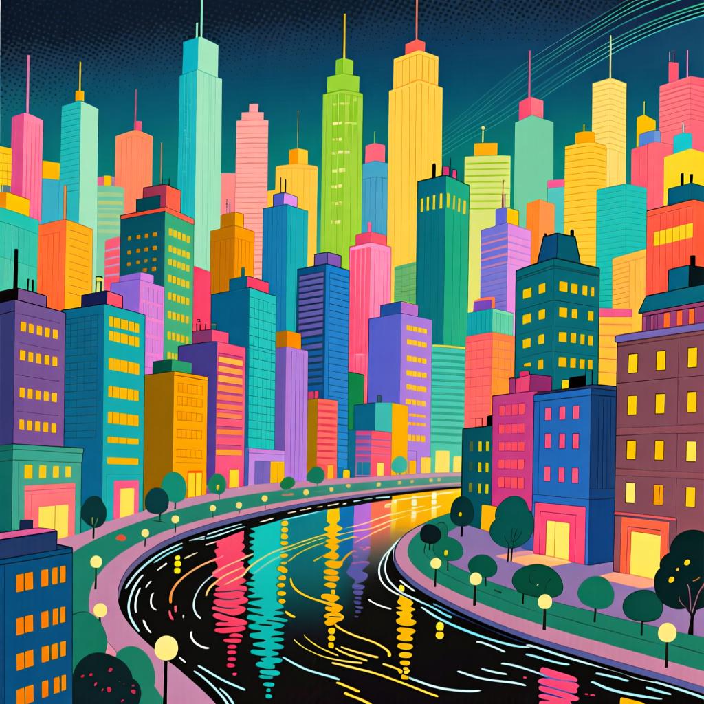 A panoramic view of a vibrant, densely packed city skyline with numerous tall buildings and a river flowing through the center.