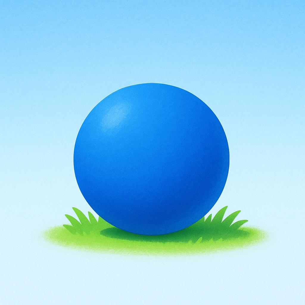 A perfectly smooth, solid blue sphere resting peacefully on a patch of bright green grass under a clear sky.