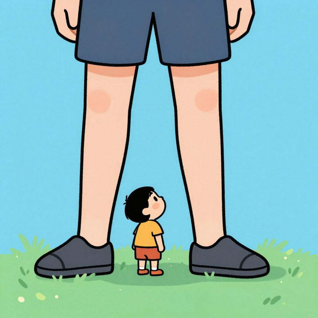 A small child standing next to a tall adult, reaching only to the adult's knee.