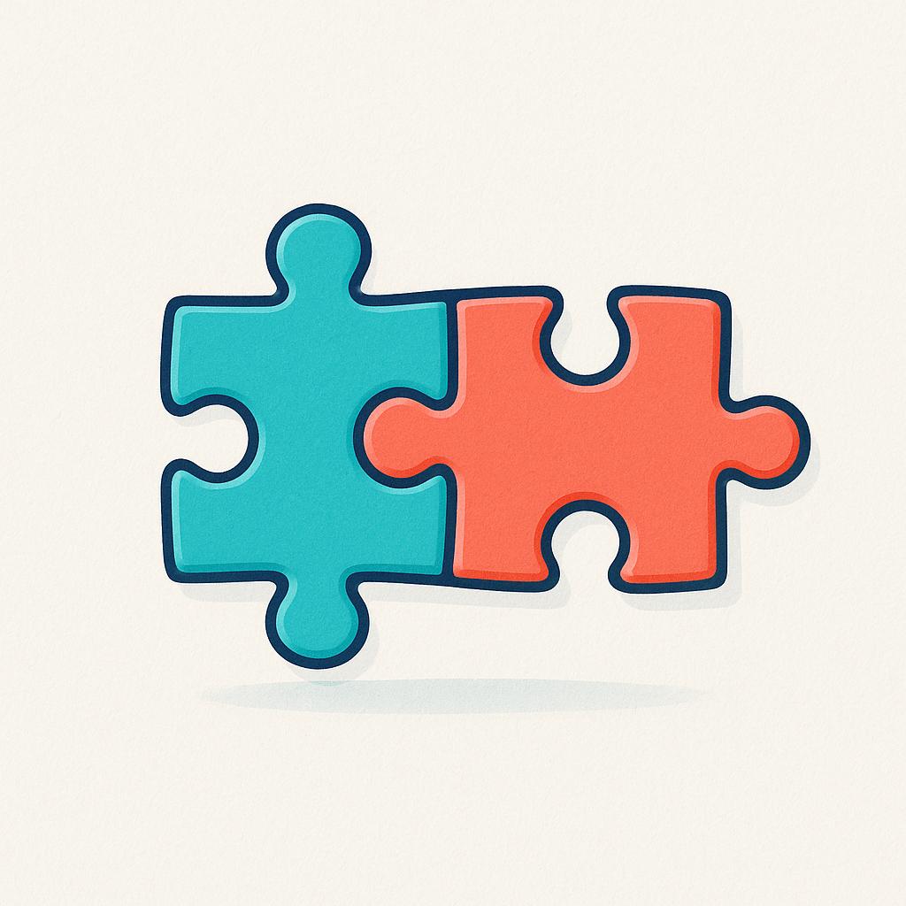 Two brightly colored, distinct puzzle pieces fitting together perfectly, symbolizing the act or state of being joined.