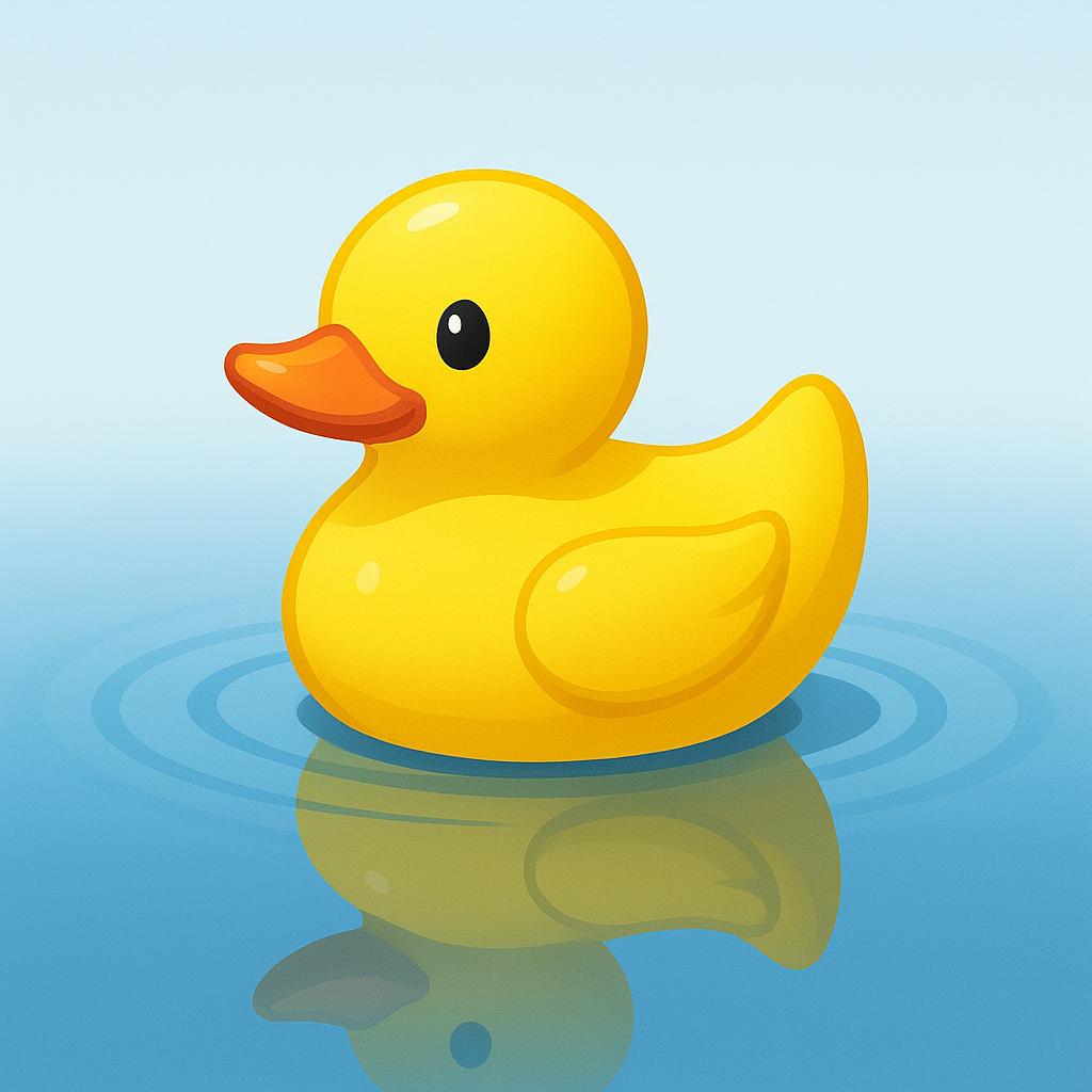 A single bright yellow rubber duck floating effortlessly on the surface of calm, clear blue water.