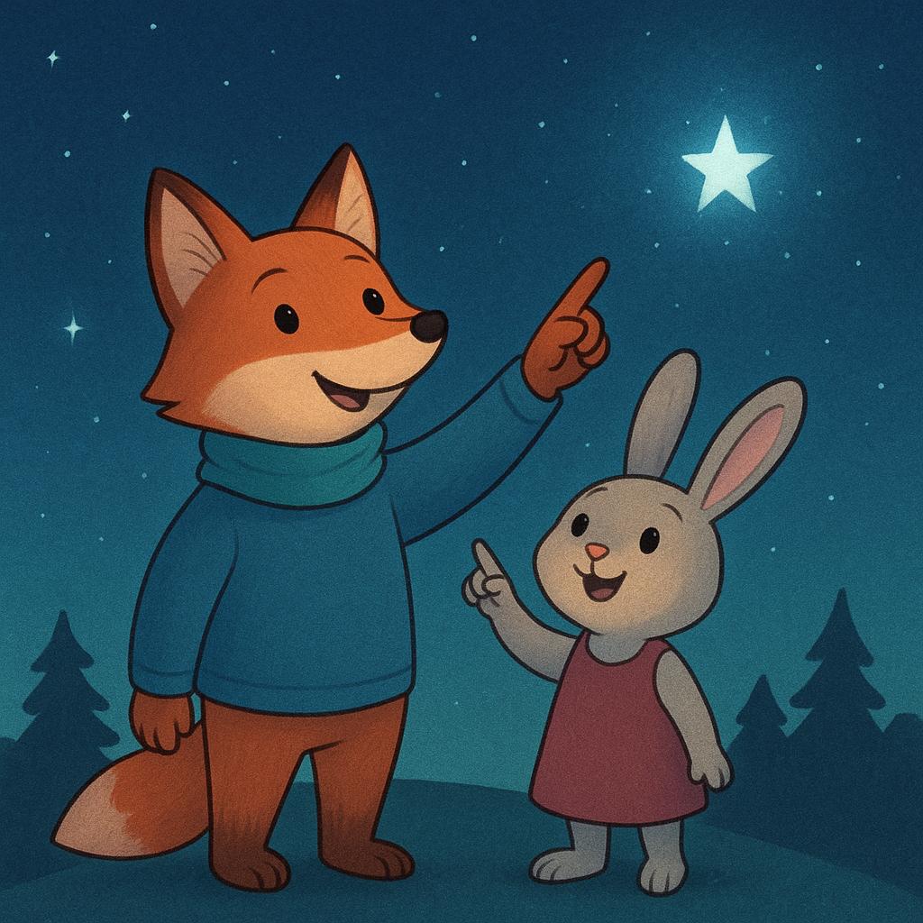 Two small anthropomorphic animal characters standing side by side, both clearly pointing with their fingers towards a bright glowing star in the dark night sky.