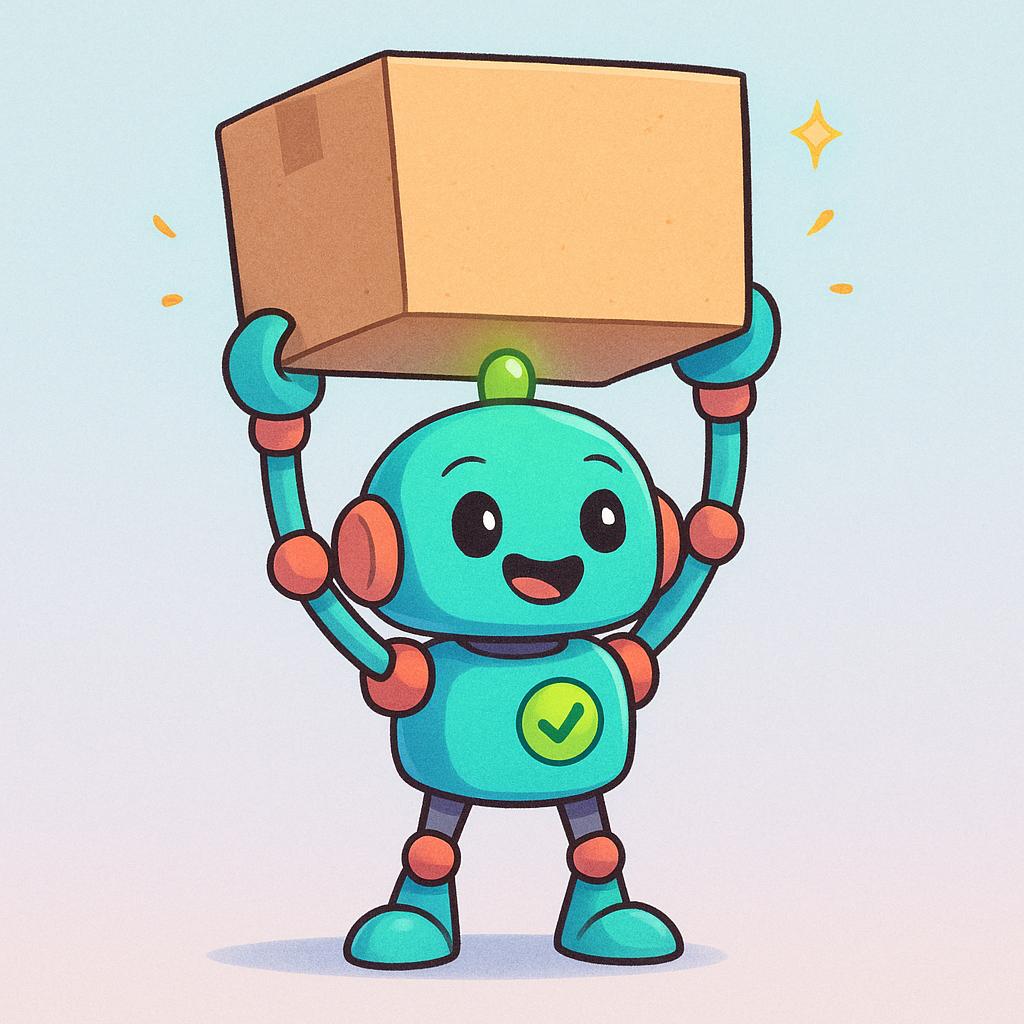 A brightly colored, simple cartoon robot successfully holding a heavy box overhead. The robot has a green indicator light showing it is functioning correctly.