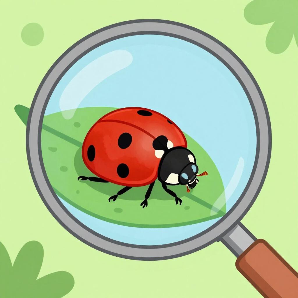 A tiny ladybug seen through a large round magnifying glass, making it appear much bigger.