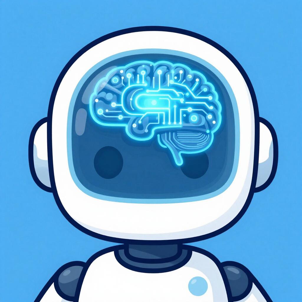 Uma cabeça de robô amigável com circuitos azuis brilhantes em forma de cérebro.