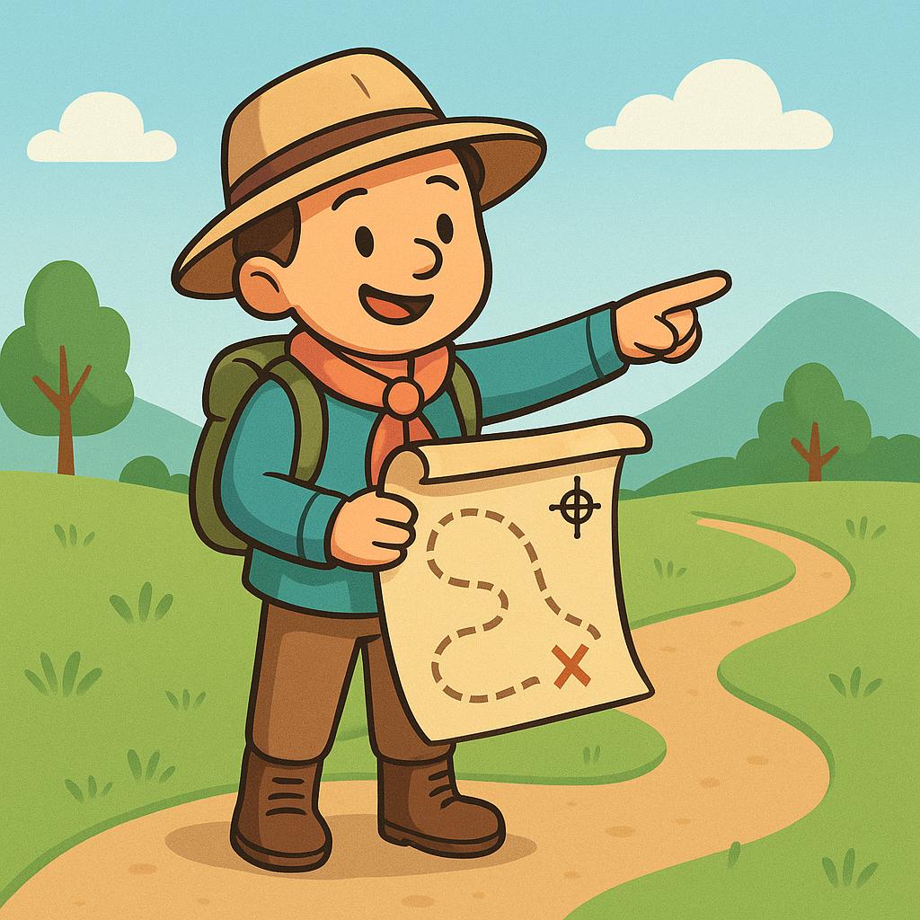 A small explorer looking at a brightly colored map and pointing the direction they are about to walk, following the path shown on the map.