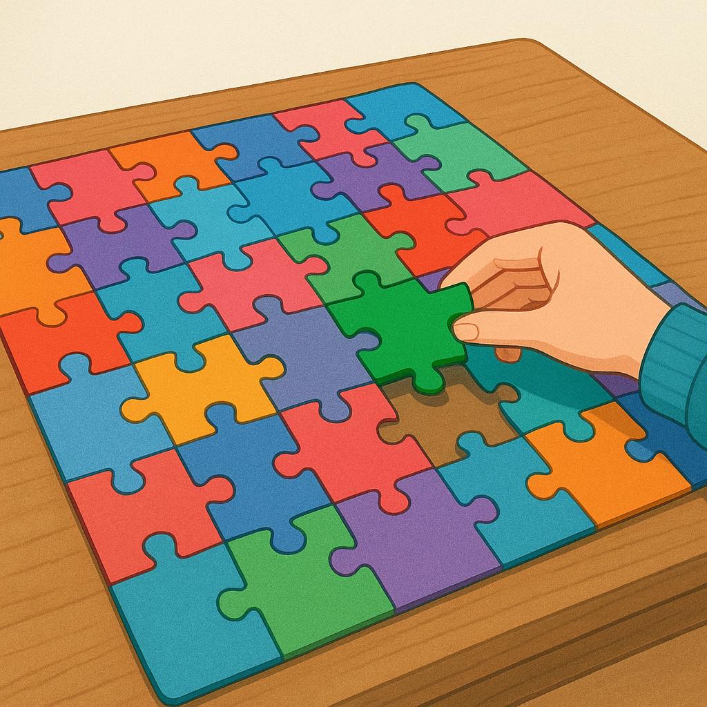 A smiling person placing the final, distinct piece into a large, colorful jigsaw puzzle, signifying the completion of the task.