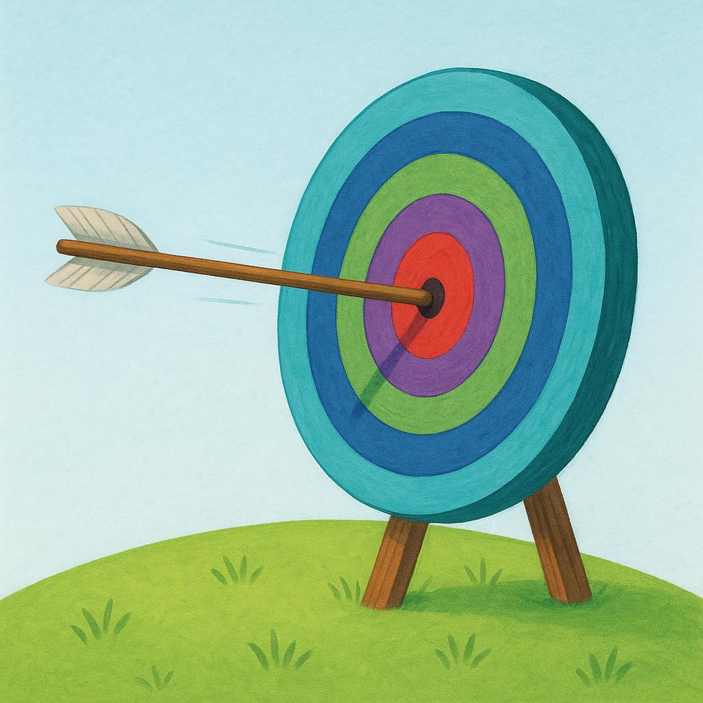 A storybook illustration showing an arrow hitting the center of a colorful bullseye target set up on a grassy field.