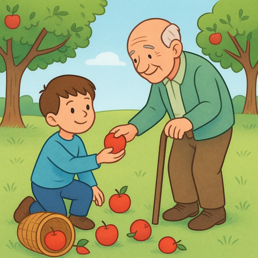 A young child is kneeling down, gently helping an elderly person pick up several apples that have spilled from a wicker basket onto the ground.