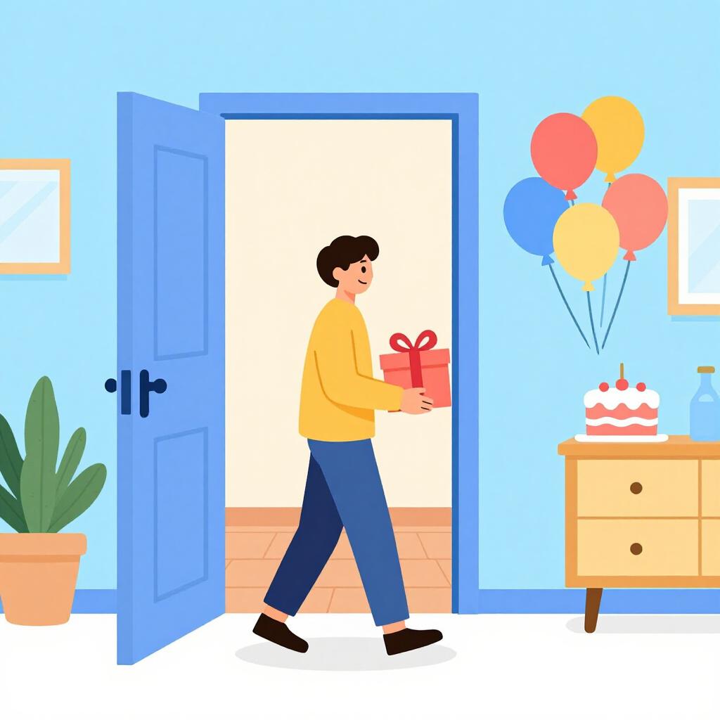 A person arriving at a festive birthday party with a wrapped gift in their hands.