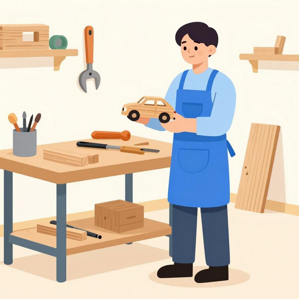 A friendly person in a blue apron standing in a workshop, holding a finished wooden toy car they just made.