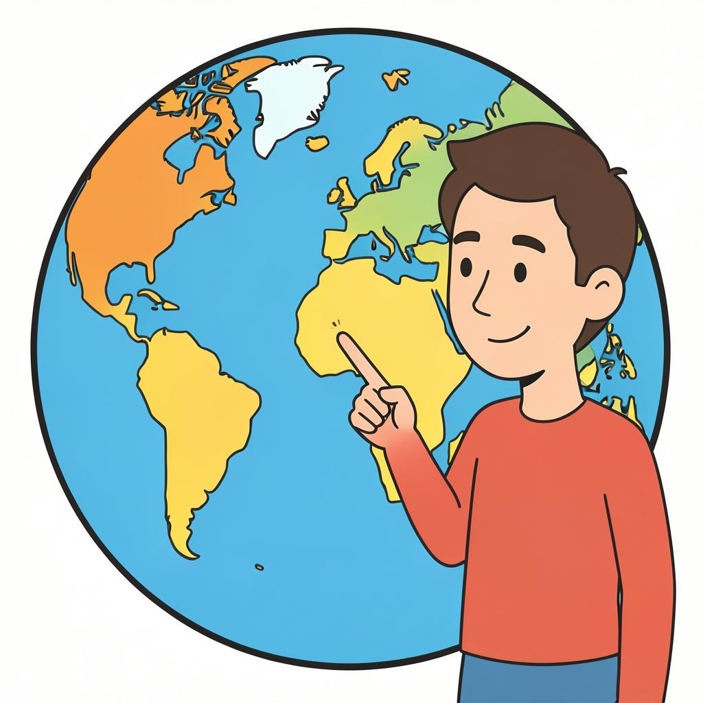 A person pointing with one finger to a specific spot on a colorful world globe with a confident smile.