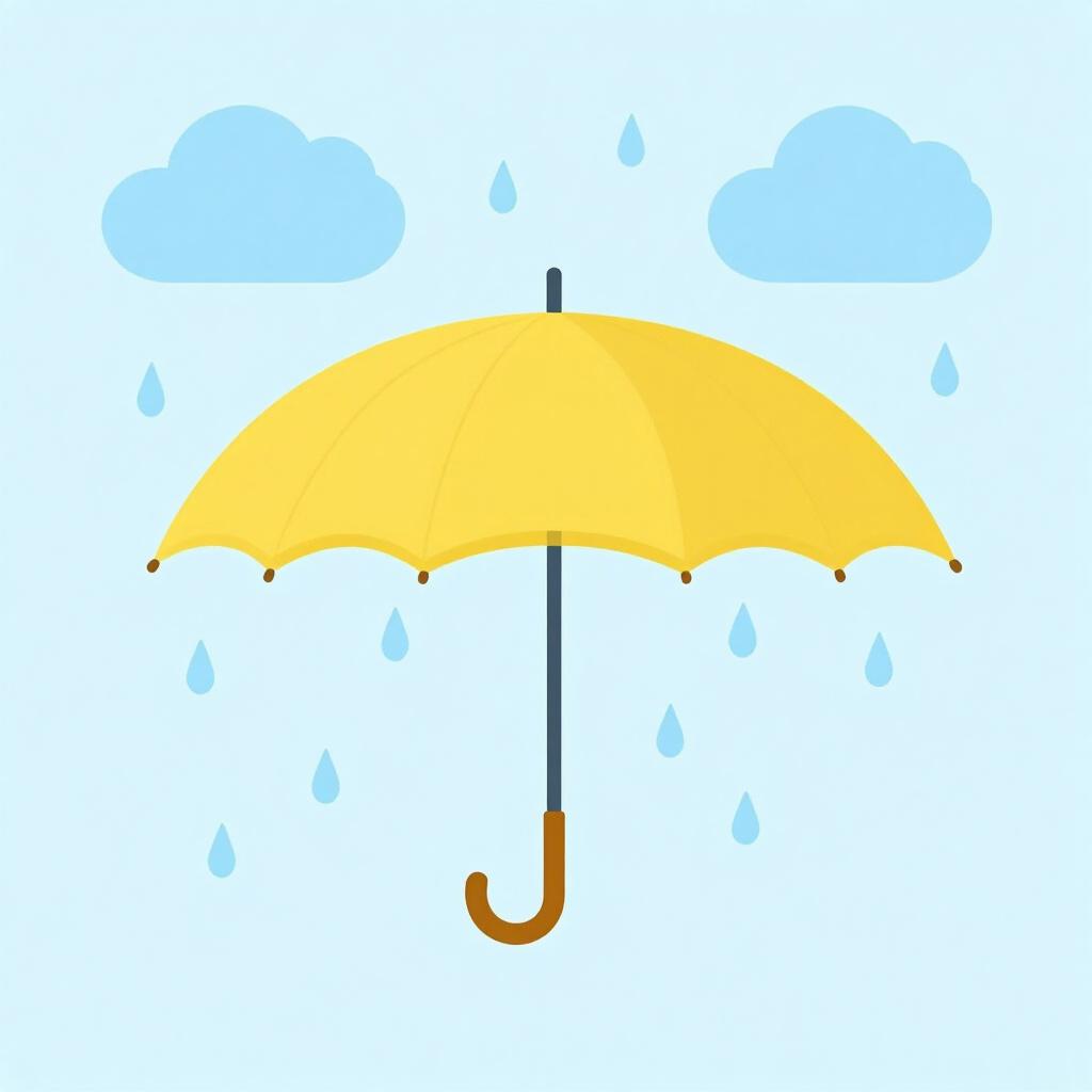 A single yellow umbrella standing out in a light rain shower with a few scattered clouds.