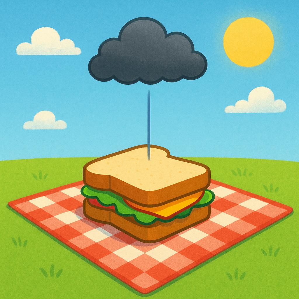 A colorful storybook illustration of a picnic scene. A red and white checkered blanket is spread on bright green grass. A perfect sandwich sits on the blanket. Directly above the sandwich, a small, dark rain cloud is pouring a single stream of rain onto the food, symbolizing bad luck.
