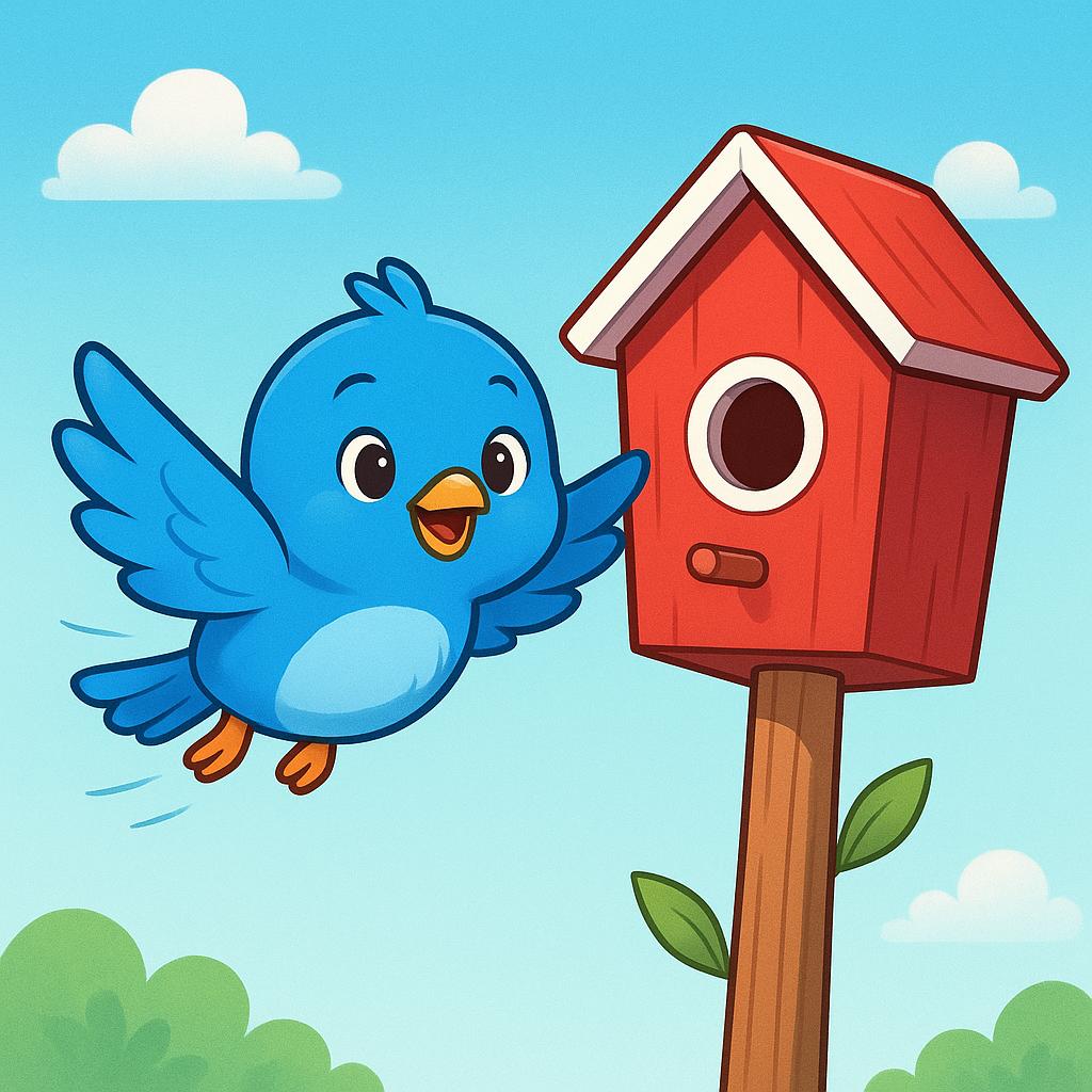 A brightly colored blue bird is mid-flight, heading straight for a red and yellow birdhouse perched on a wooden post.