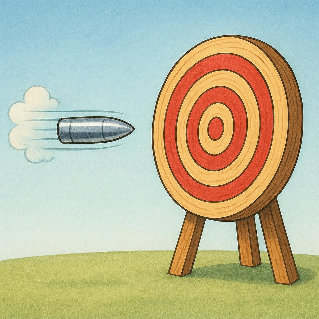 A high quality storybook illustration showing a bullet speeding through the air towards a wooden bullseye target centered on a stand.