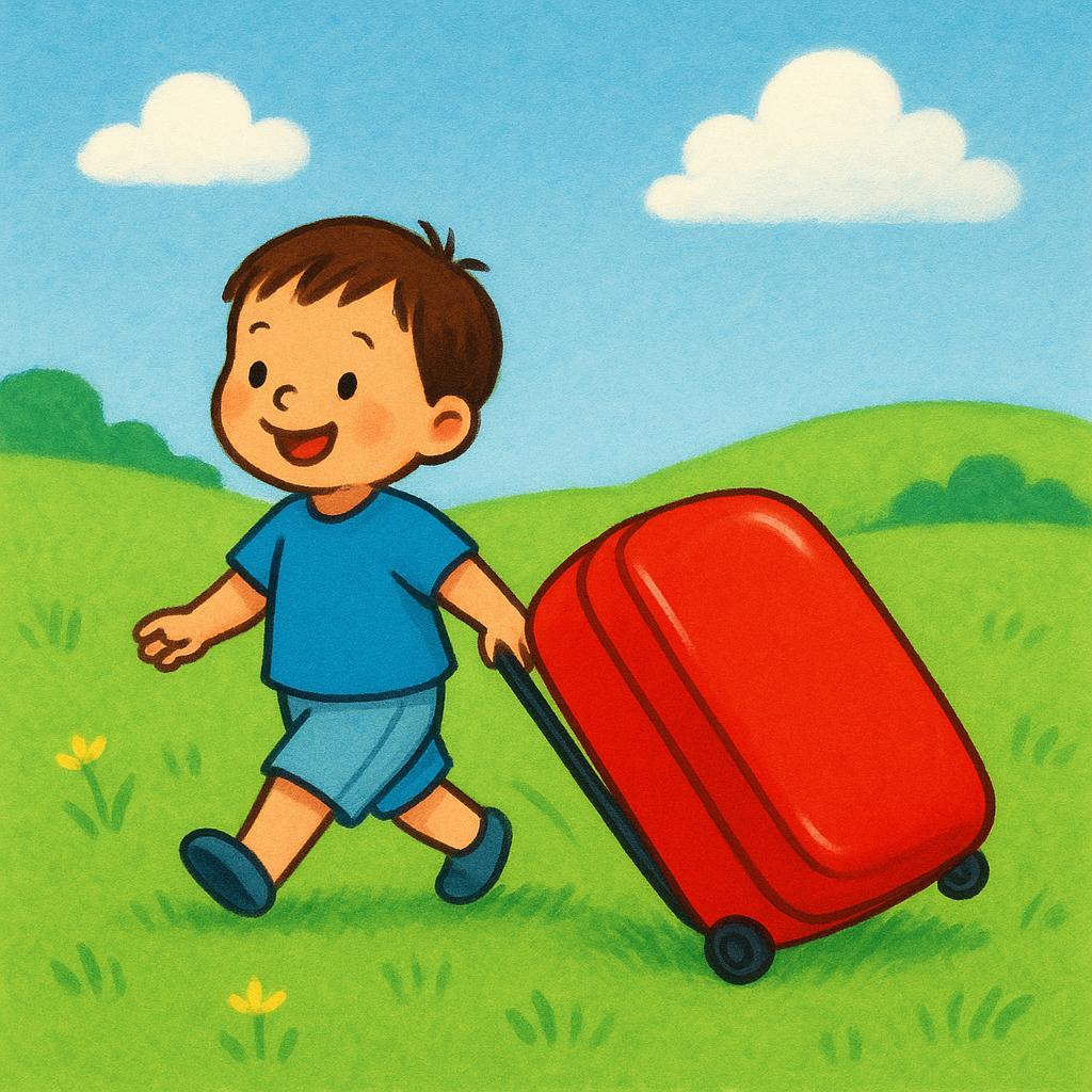 A small child happily pulling a large, bright red suitcase across a green grassy field.