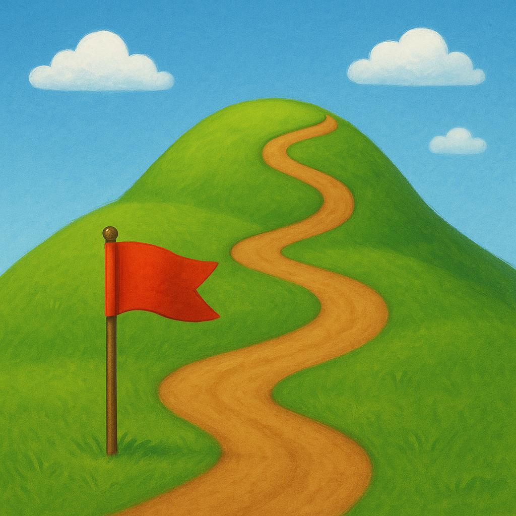 A colorful storybook illustration of a winding dirt path leading up a small green hill. A bright red flag is firmly planted at the exact beginning of the path, marking the starting point.