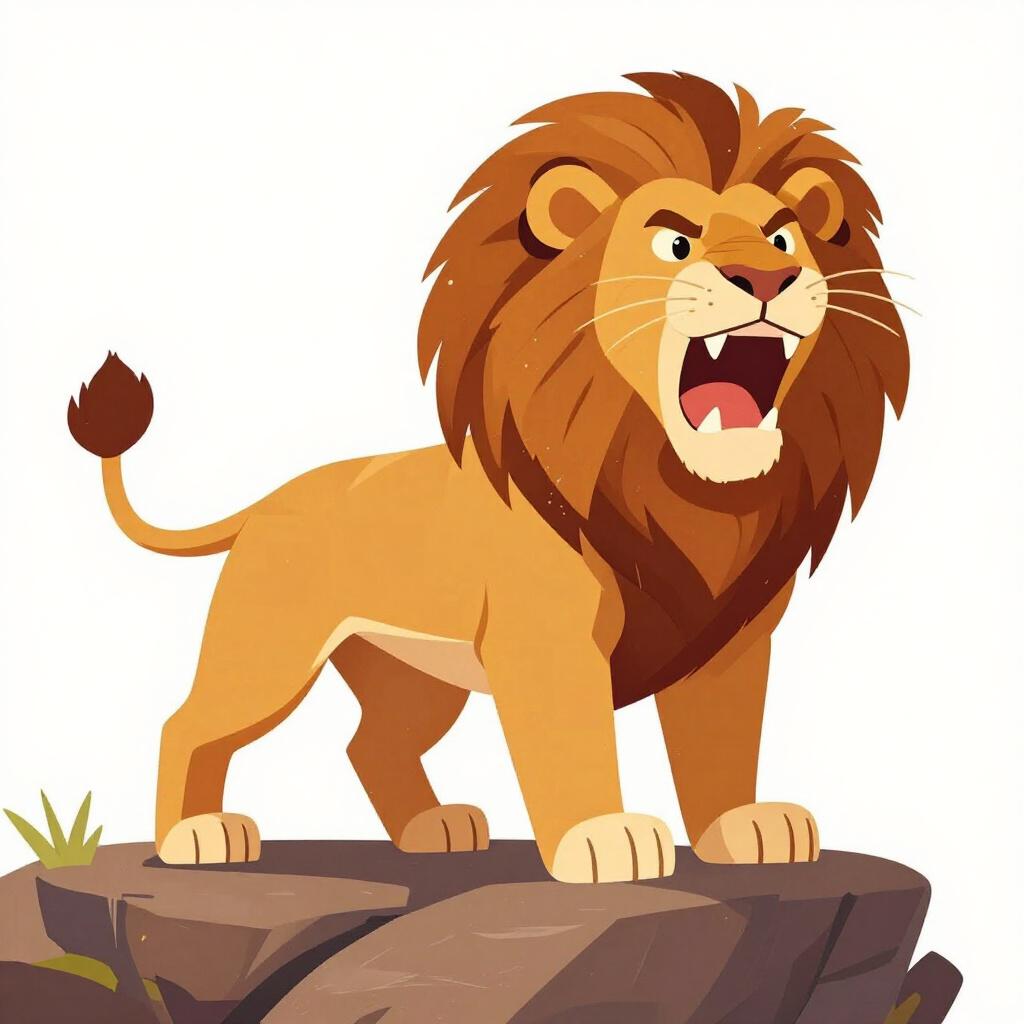 A fierce lion standing on a rock, roaring with its mane flowing, looking ready for battle.