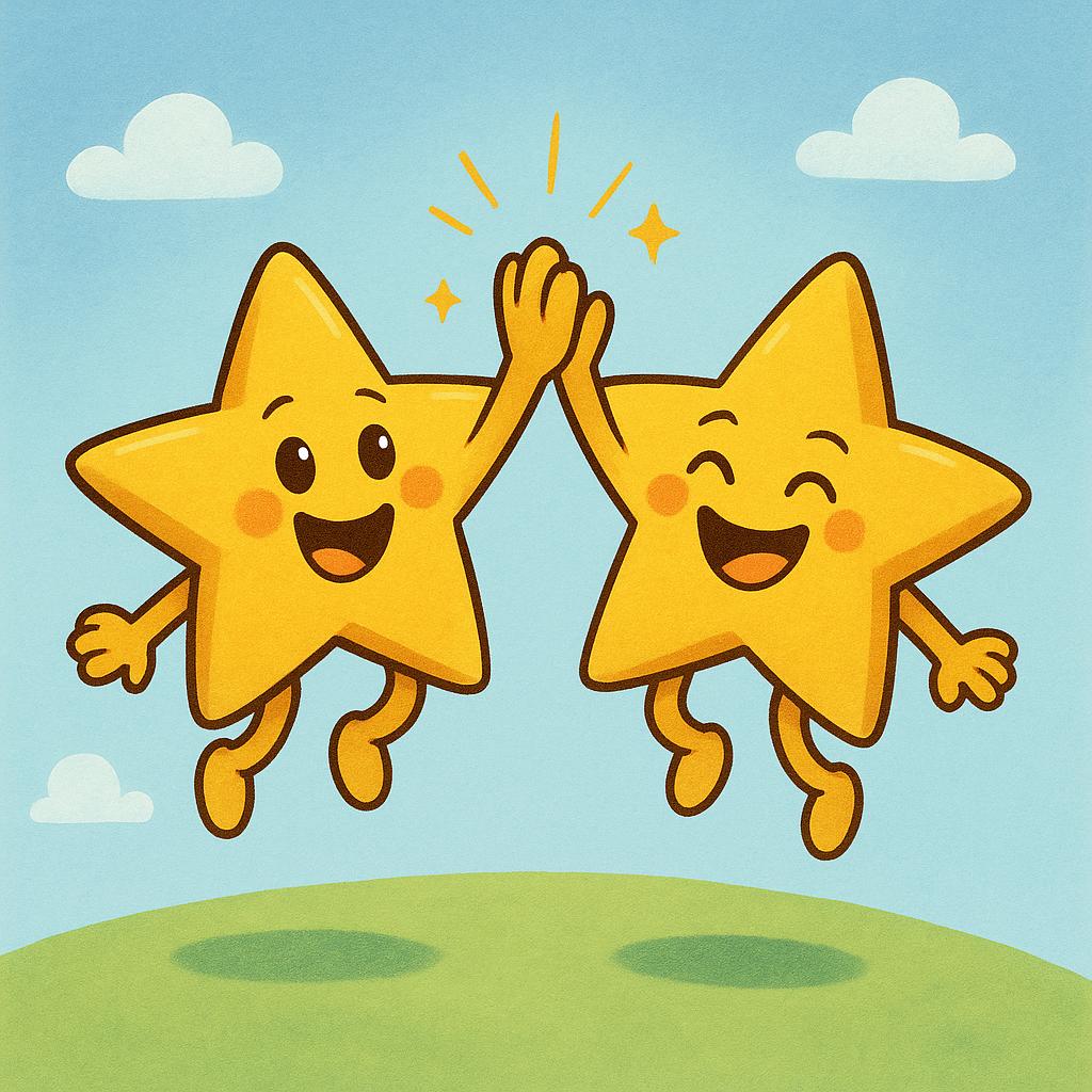 Two anthropomorphic, smiling golden stars high-fiving enthusiastically, symbolizing something excellent or great.
