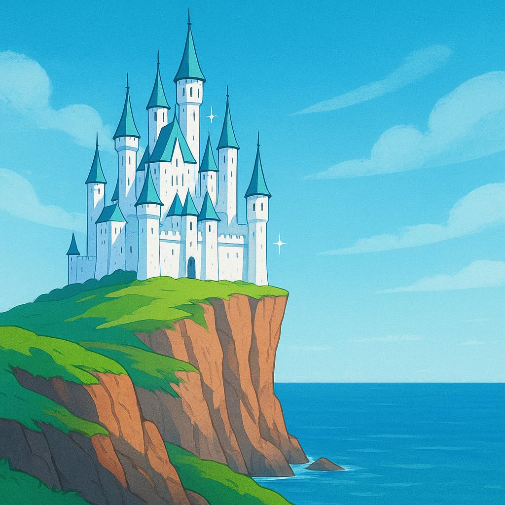A magnificent, sprawling white castle with many tall towers standing majestically on a dramatic cliff overlooking a blue ocean.