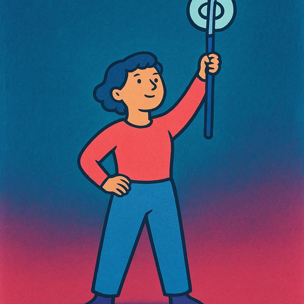 A simple, stylized human figure standing resolutely, holding a wooden stick or stylized, non-specific weapon raised high above their head, poised for immediate action, representing a firm future intent.