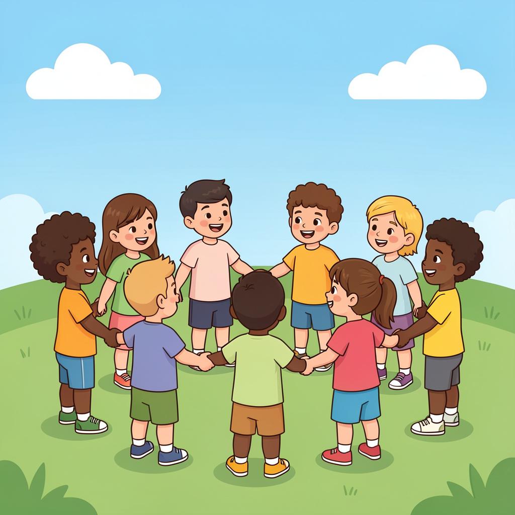 A group of happy children in a circle holding hands in a sunny park, ready to start a game together.