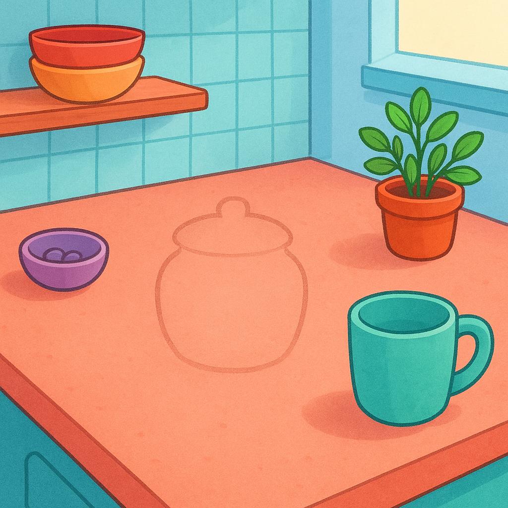 A simple illustration of an empty space on a kitchen counter, marked by a faint dust outline, suggesting an object is missing.