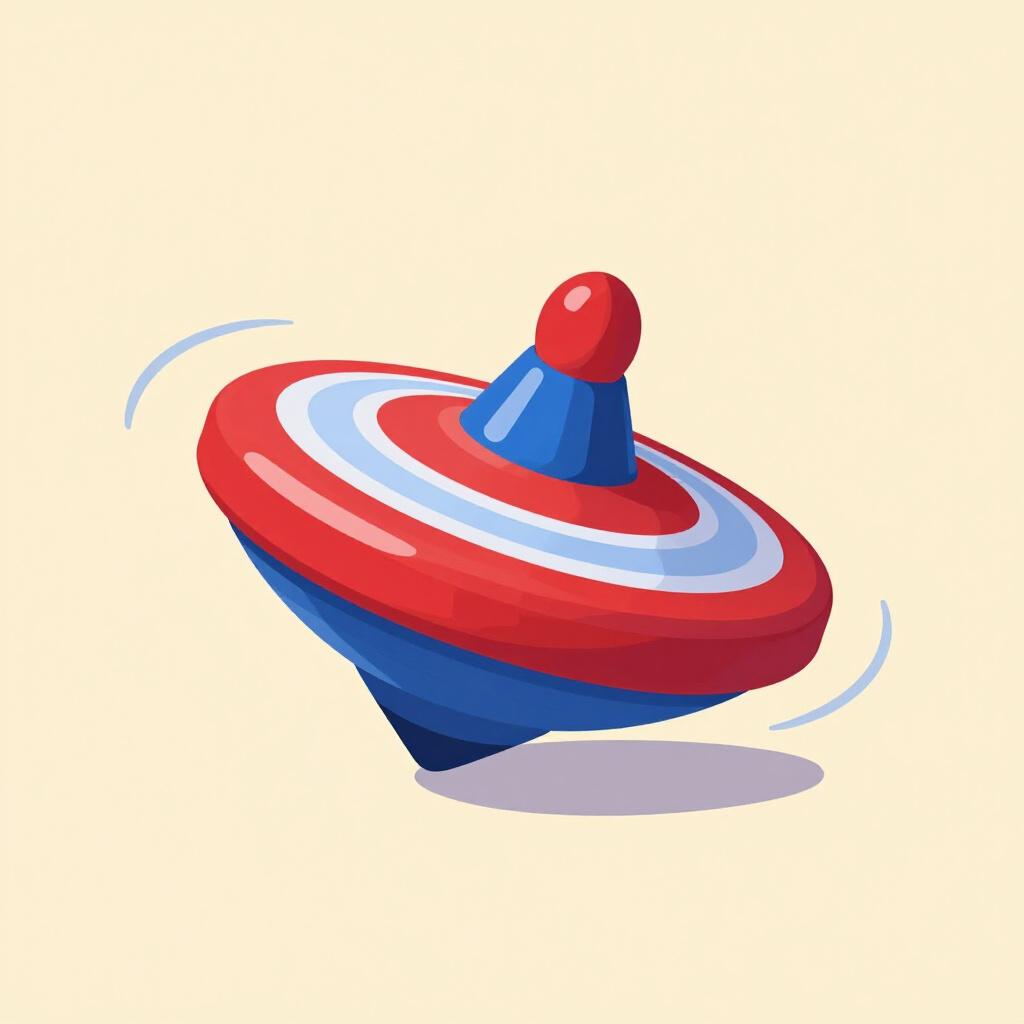 A colorful toy spinning top rotating quickly on a wooden floor.