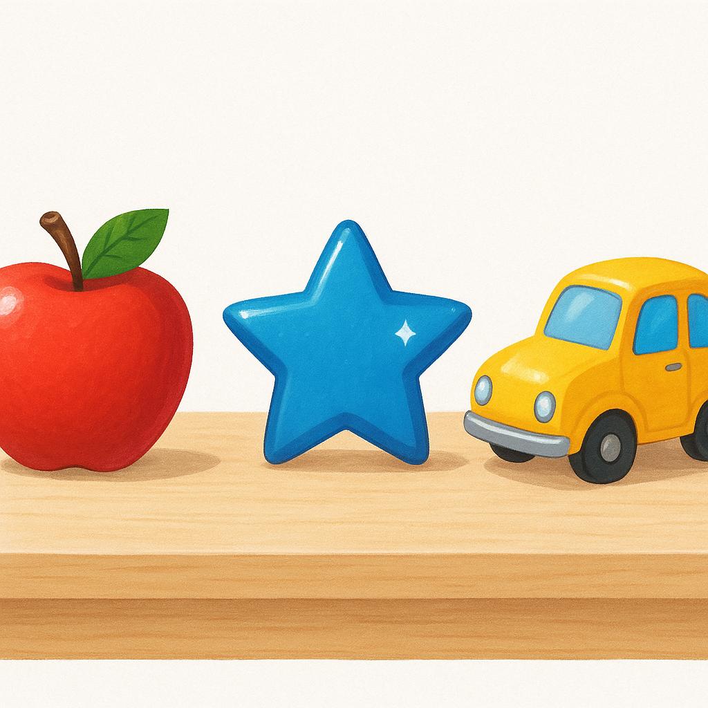 Three distinct, equally appealing objects—a bright red apple, a shiny blue star, and a yellow toy car—sitting side-by-side on a plain wooden table, representing available choices.