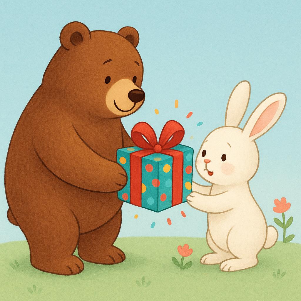 A storybook illustration showing a friendly brown bear handing a brightly colored, wrapped present to a small white rabbit. The rabbit is accepting the gift.