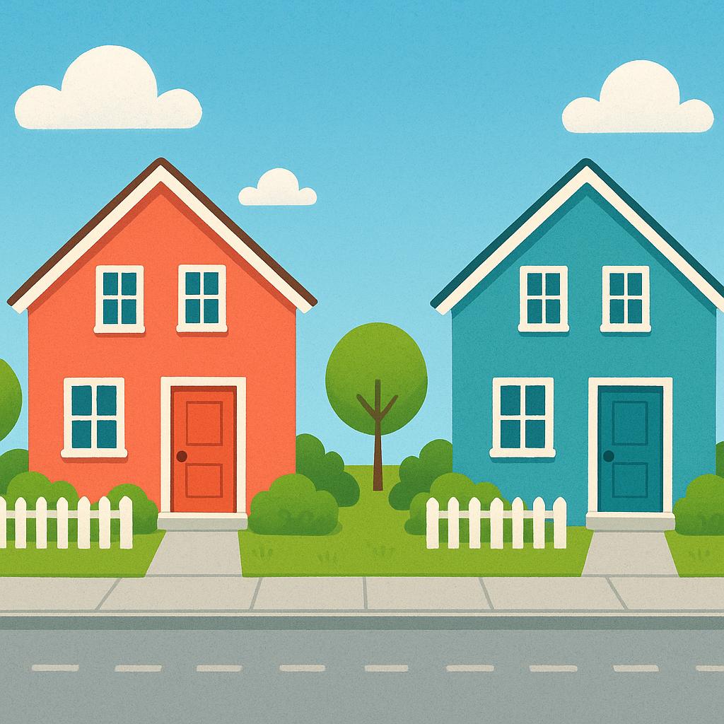 Two colorful houses on opposite sides of a narrow street, facing each other.