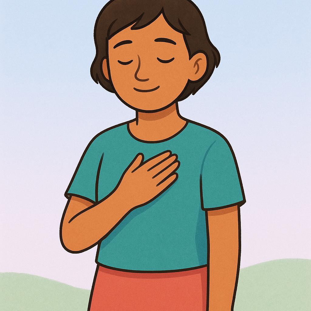 A young person standing with a gentle smile, placing one hand over their chest near the heart, symbolizing a sincere or heartfelt expression.